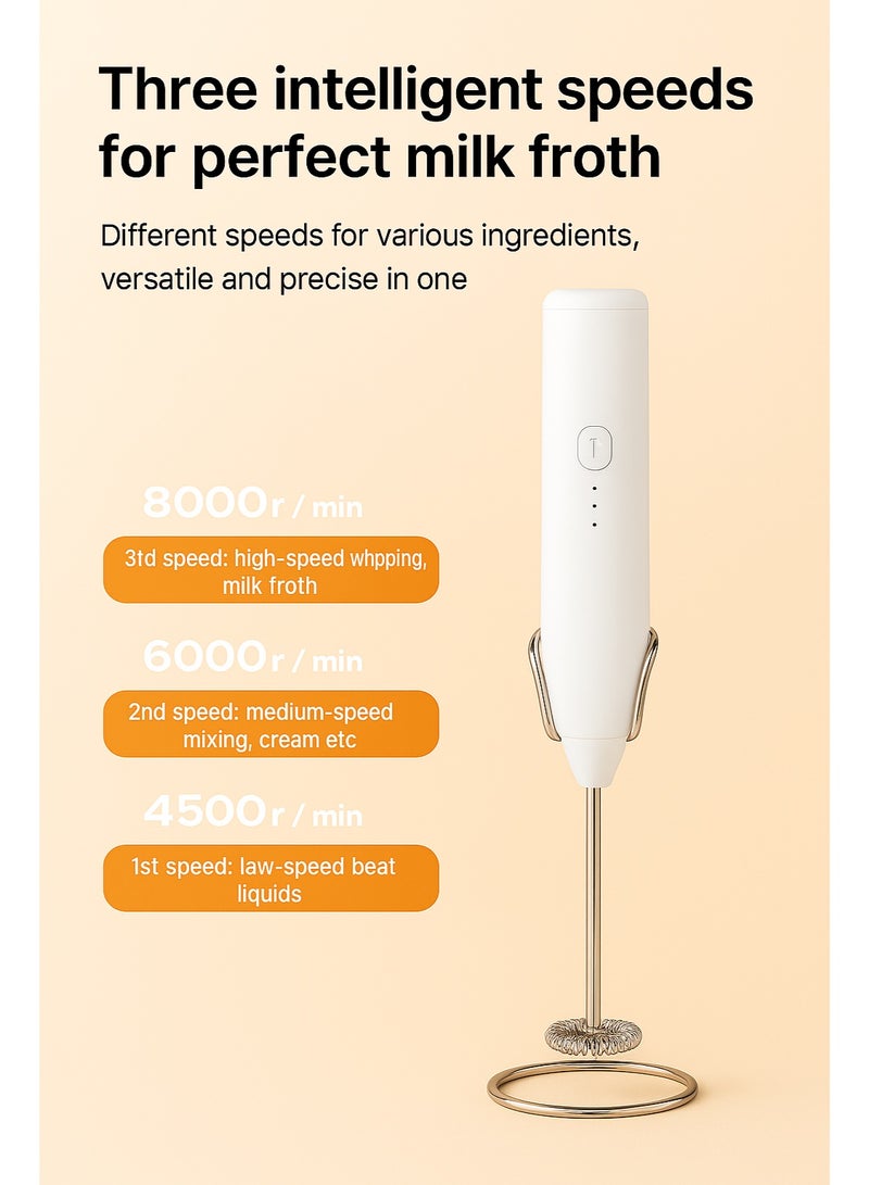 خفاق حليب ومضرب بيض كهربائي يدوي 3 سرعات، قابل للشحن عبر USB Type-C، طقم ملحقات متعدد مع حامل (عصا رغوة، مضرب سلك، قضيب خلط) للقهوة لاتيه كابتشينو ماتشا بروتين وبيض - Image 3